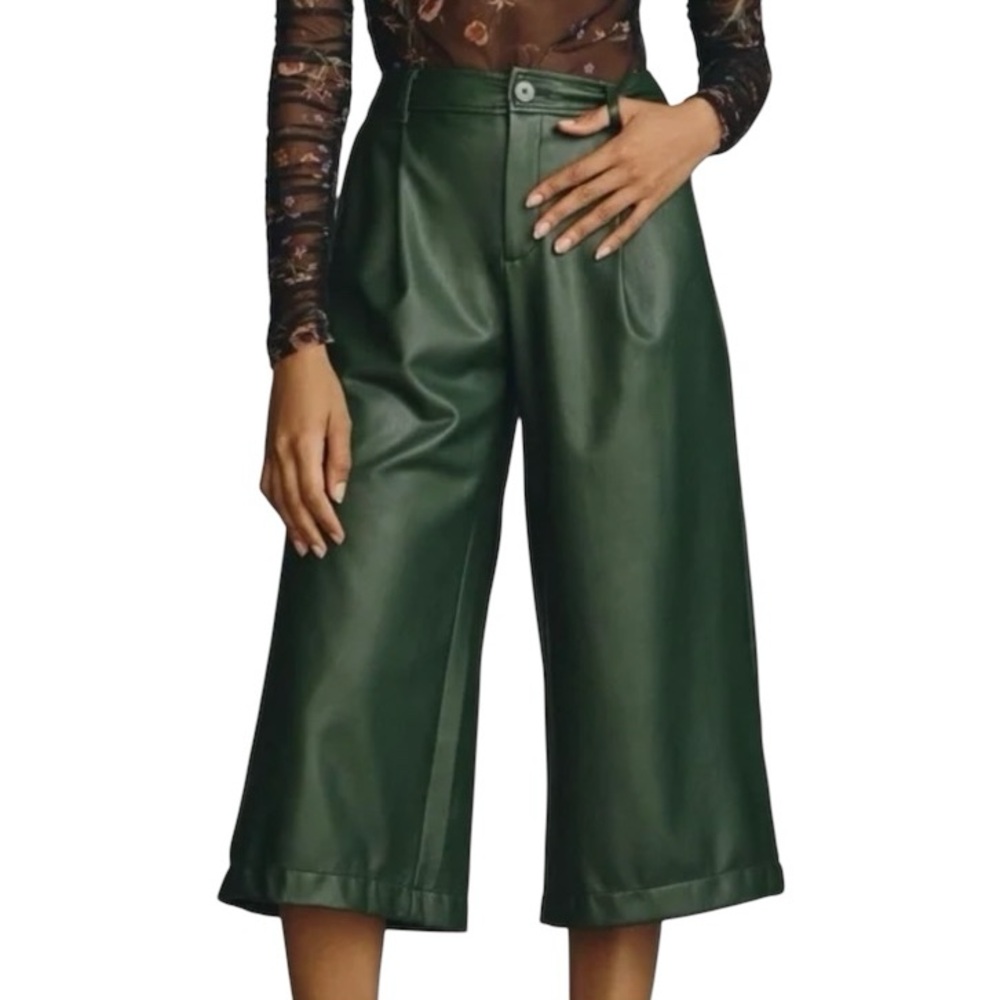 Anthropologie Green Faux Leather Wide Leg Culotte Pants